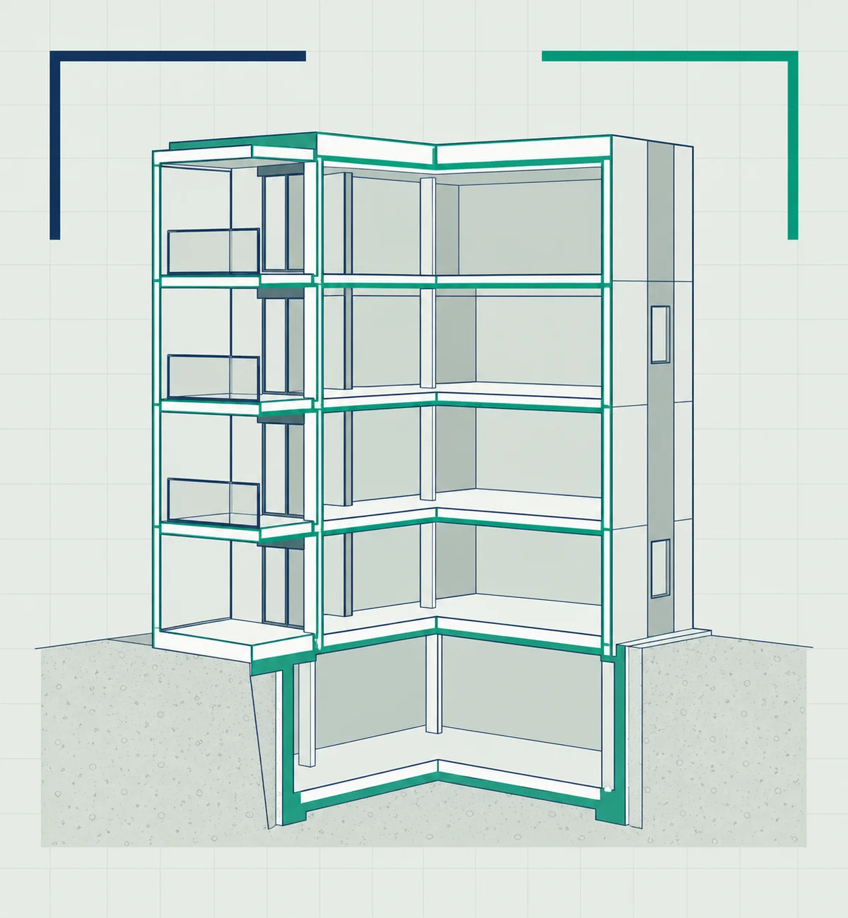 Cutaway illustration of a four-storey building showing its structural frame, exposed interiors and basement, in Construction Edge colours